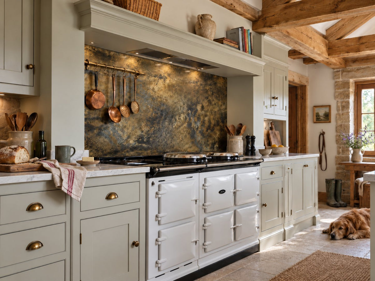 Fossil Antiqued Brass splashback above a white AGA in a farmhouse kitchen with oak beams, by Metal Clad