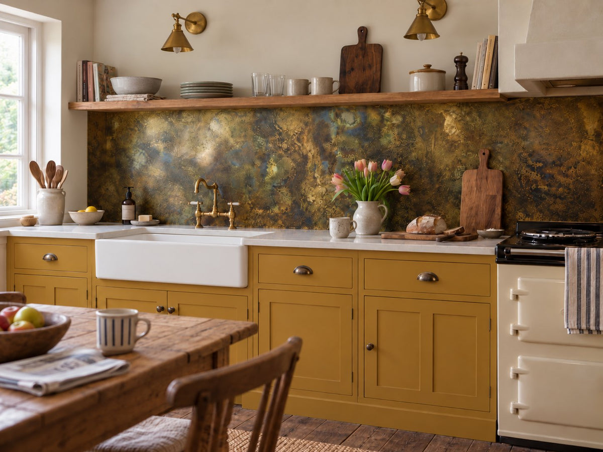 Full-width Fossil Antiqued Brass splashback in an ochre yellow kitchen with a Belfast sink, by Metal Clad