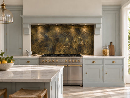Fossil Antiqued Brass range cooker splashback in a pale blue painted kitchen with brass cup handles, by Metal Clad